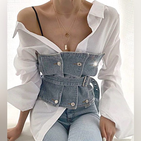 Double Breasted Patched Denim Corset. - Picture 3 of 15